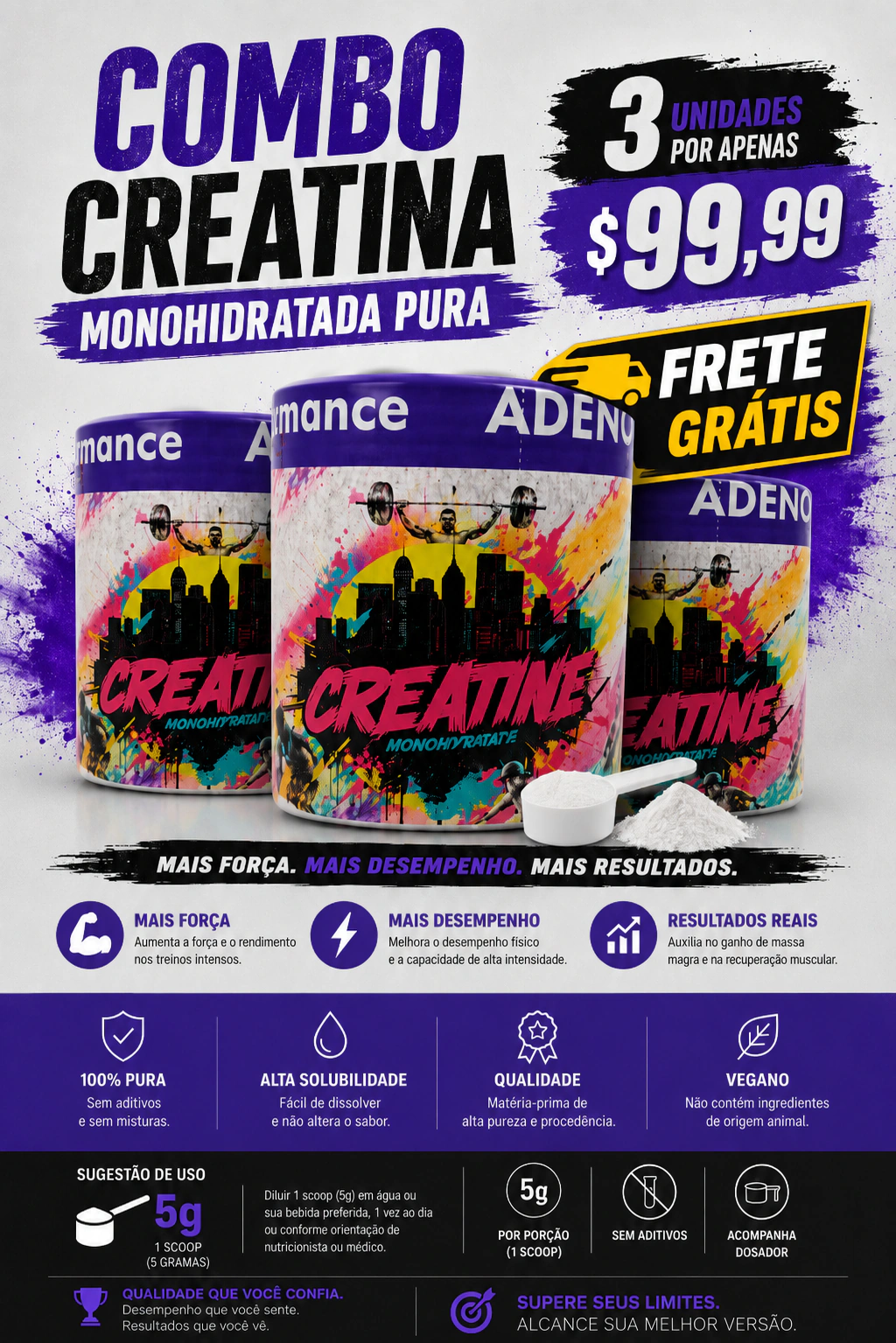 Combo Creatina ADENO Performance — 3 unidades por R$99,99 com frete grátis